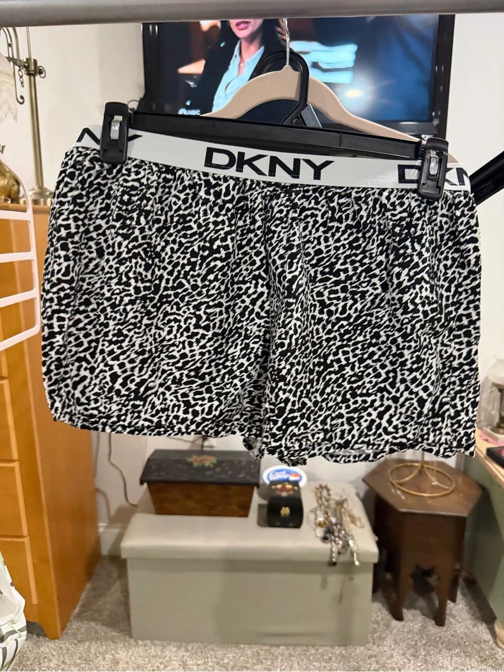 DKNY Black and White Leopard Print Athletic Lounge Shorts